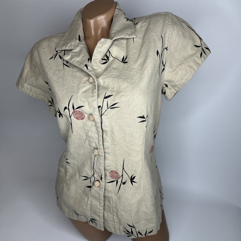 John Paul Richard Uniform Womens M Short Sleeve Linen Button Up Bamboo Print EUC
